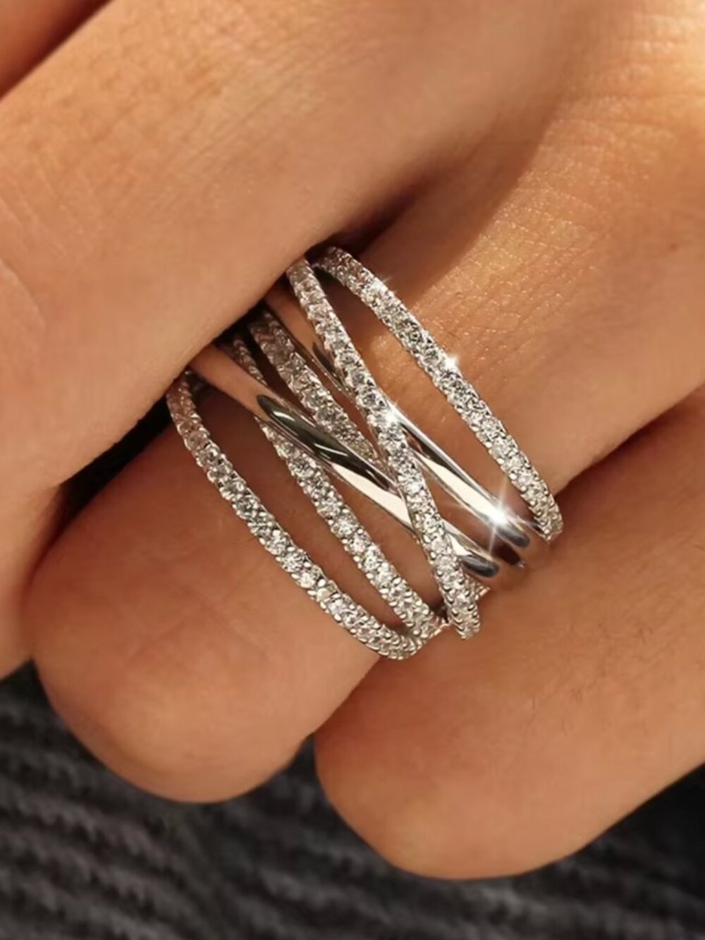 NEW 18k White Gold Diamond Ring Layer Wide Ring Band Multi Layer Ring Chunky